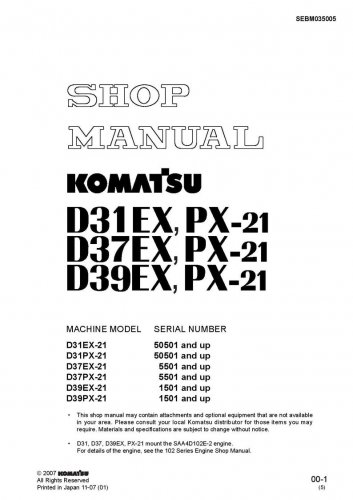 Komatsu D31EX-21 - D31PX-21 - D37EX-21 - D37PX-21 - D39EX-21 - D39PX-21 Bulldozer Shop Manual - Work