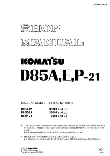 Komatsu D85A-21 - D85E-21 - D85P-21 Bulldozer Shop Manual - Workshop Manual - Service Manual - Engli