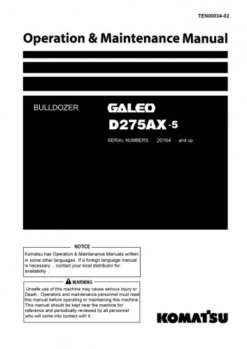Komatsu D275AX-5 GALEO Bulldozer Operators Manual -  Operation and Maintenance Manual - Instruction 