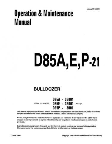 Komatsu D85A-21 - D85E-21 - D85P-21 Bulldozer Operators Manual -  Operation and Maintenance Manual -