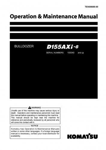 Komatsu D155AXI-8 Bulldozer Operators Manual -  Operation and Maintenance Manual - Instruction Manua