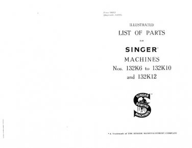 Singer 132K6 - 132K10 - 132K12 Sewing Machine List Of Parts - English