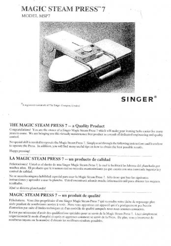 Singer MSP7 Magic Steam Press Instruction Manual - User Manual - Complete User Guide - English