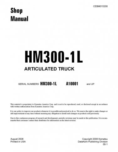 Komatsu HM300-1L Articulated Dump Truck Shop Manual - Workshop Manual - Service Manual - English