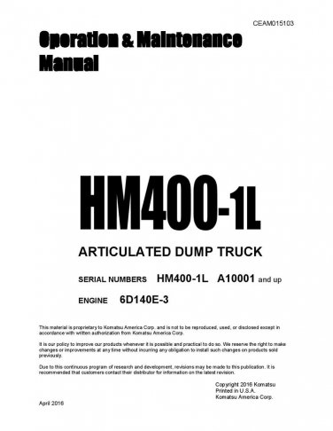 Komatsu HM400-1L Articulated Dump Truck Operation and Maintenance Manual - English