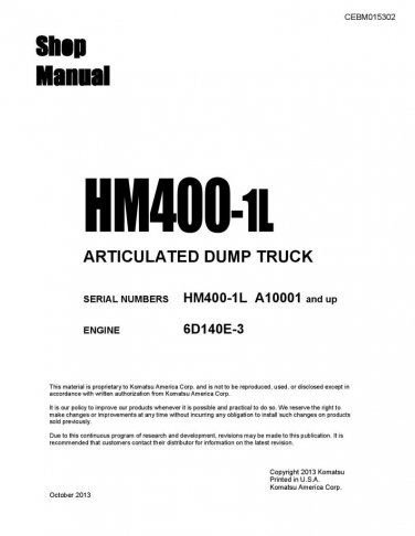 Komatsu HM400-1L Articulated Dump Truck Shop Manual - Workshop Manual - Service Manual - English