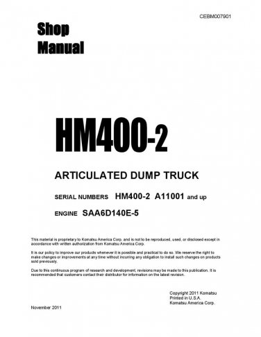 Komatsu HM400-2 Articulated Dump Truck Shop Manual - Workshop Manual - Service Manual - English