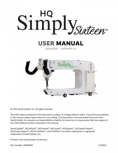 Handi Quilter Simply-Sixteen Sewing Machine Instruction Manual - User Manual - Complete User Guide