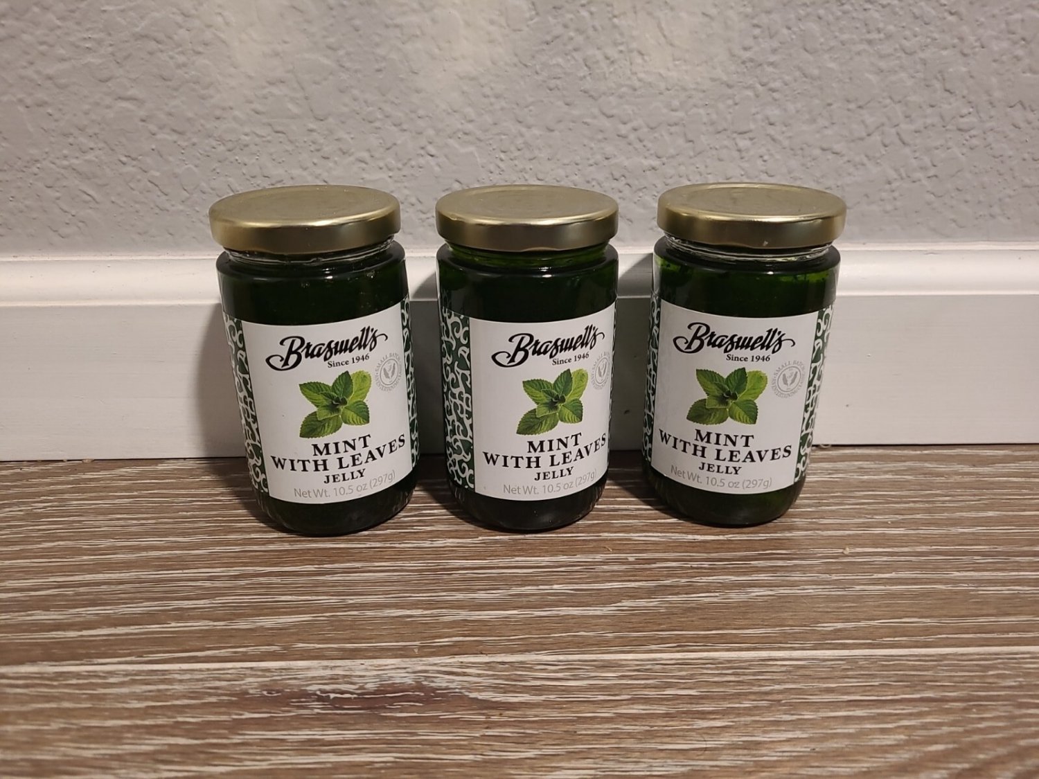 Lot of 3 Braswell Mint with leaves jelly 10.5 oz Each Exp. 2026