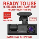 3-Lens Dash Cam 1080P HD Camera Dash Came Night Vision + 32GB TF Card Included