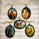 5 Antique Vintage Paint by Number Style Horse Lover Ornaments for Equestrian