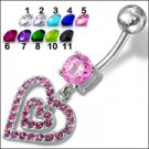 Fancy Heart Dangling Jeweled Belly Ring (PBM1370) - *FREE SHIPPING