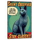 Russian Blue Tin Sign - Silent Observer Vintage Cat Metal Poster (8x12 Inches) PCM01-07