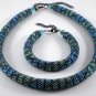 Jewelery set: Blue-Turquoise beaded necklace & bracelet, Crochet bead, Handmade