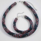 Jewelery set: beaded Necklace & Bracelet, Color Blue-Red-Grey, Handmade