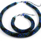 Jewelery set: beaded Necklace & Bracelet, Color Black-Blue-Green, Handmade