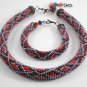 Jewelery set: beaded Necklace & Bracelet, Color Red-Burgundy-Grey-Brown, Handmade