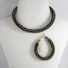 Jewelery set: beaded Necklace & Bracelet, Color Black-Blue-Green-Gold, Handmade