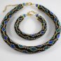 Jewelery set: beaded Necklace & Bracelet, Color Black-Blue-Green-Gold, Handmade
