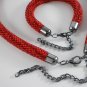 Jewelery set:beaded Necklace & Bracelet,Lace diagonal pattern,Color Red.Handmade