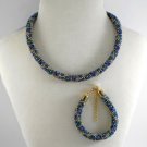 Jewelery set: beaded Necklace-Bracelet, Geometric pattern, Color Blue-Green-Gold.Handmade