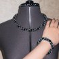 Jewelery set:Necklace-Bracelet,Geometric pattern,Color Black-Blue-Beige.Handmade