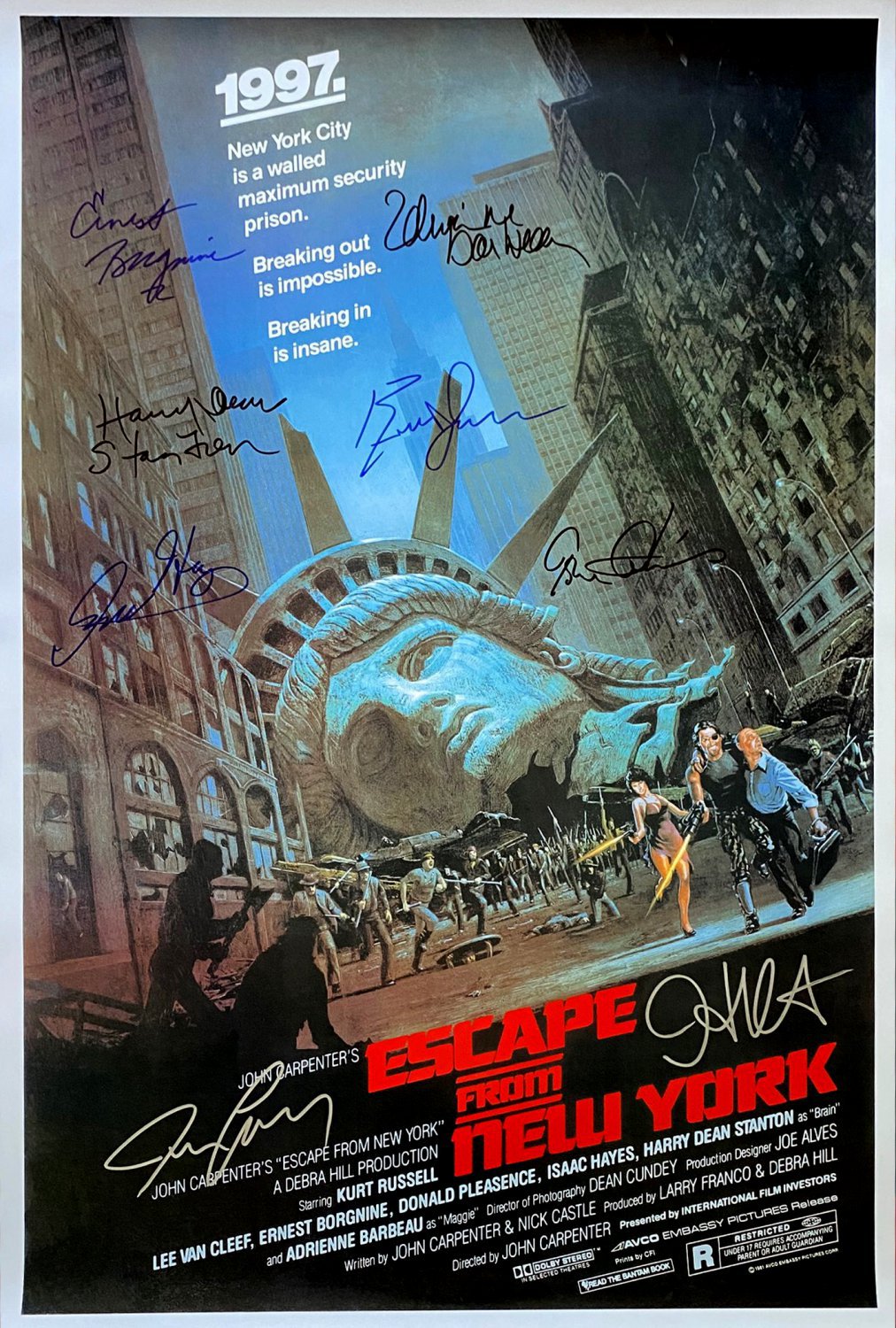 Signed ESCAPE FROM NEW YORK Movie Poster by 8 members of the Cast