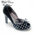 Wild Diva Satin Black with White Polk Dot Peep Toe Pump sz 7 1/2