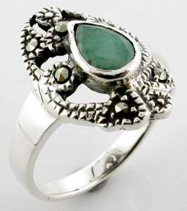 Free Shipping GENUINE EMERALD & MARCASITE STERLING 925 SILVER RING