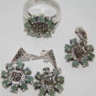 Free Shipping 925 Silver Marcasite Ring, Earring&Pendant  with Genuine Emerald 1 Set