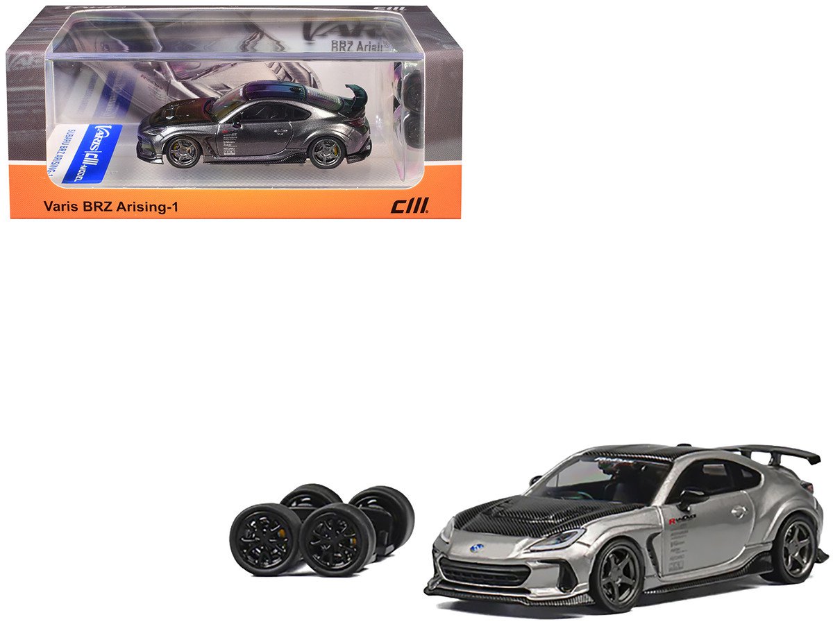 Subaru BRZ Varis Arising-1 RHD Gray Metallic with Carbon Hood and Extra Wheels 1/64 Diecast Model