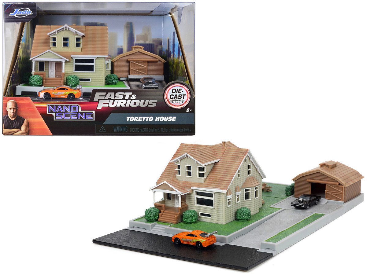 Toretto House Diorama w/ Dodge Charger Black, Toyota Supra Orange Fast and Furious Models