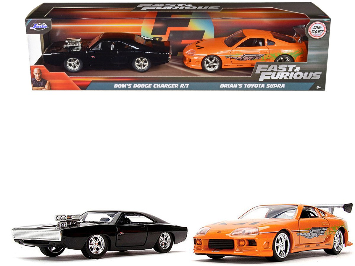 Dom's Dodge Charger R/T Black and Brian's Toyota Supra Orange Set of 2 pieces 1/32 Diecast