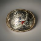 Vintage Sterling Silver Plated Cowboy Belt Buckle With Red White And Blue Texas