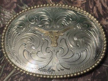 Vintage Sterling Silver Plated Long Horn Belt Buckle