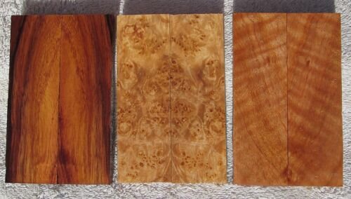 3 Sets Koa Maple Burl Curly Raintree Knife Scales Lot #1003 Easy Grow