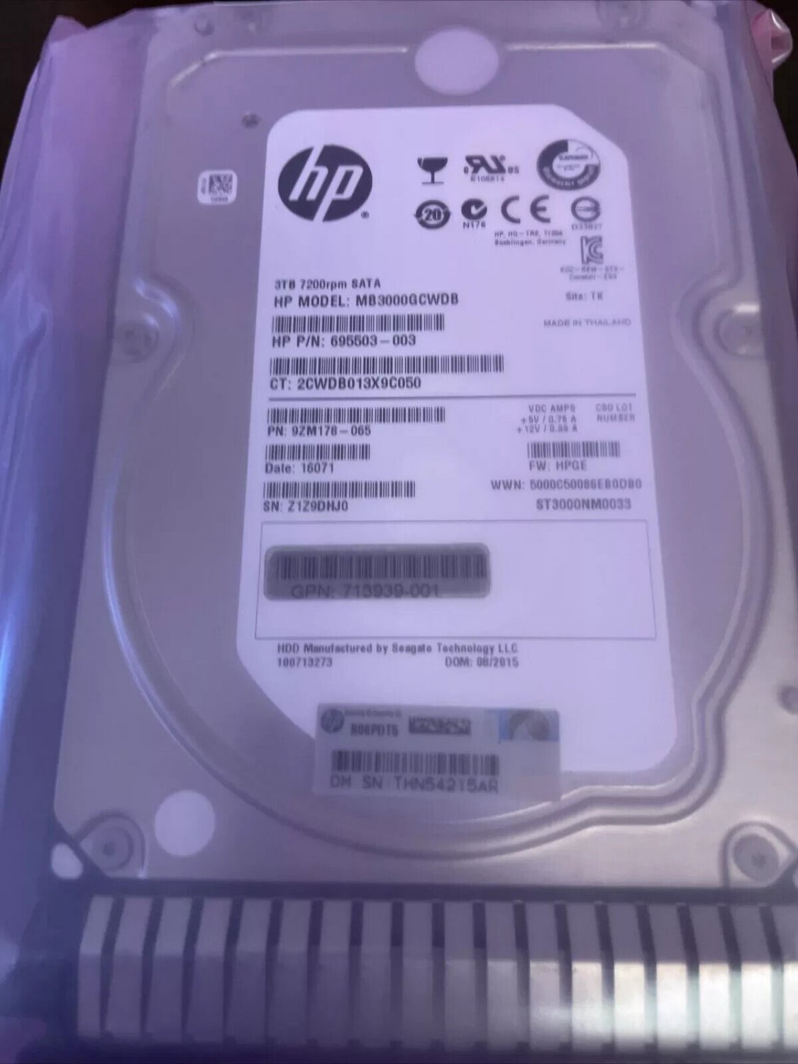 713823-B21 HP 3TB 7.2K SATA 6G 3.5" Hard Drive 695503-003 MB3000GCWDB