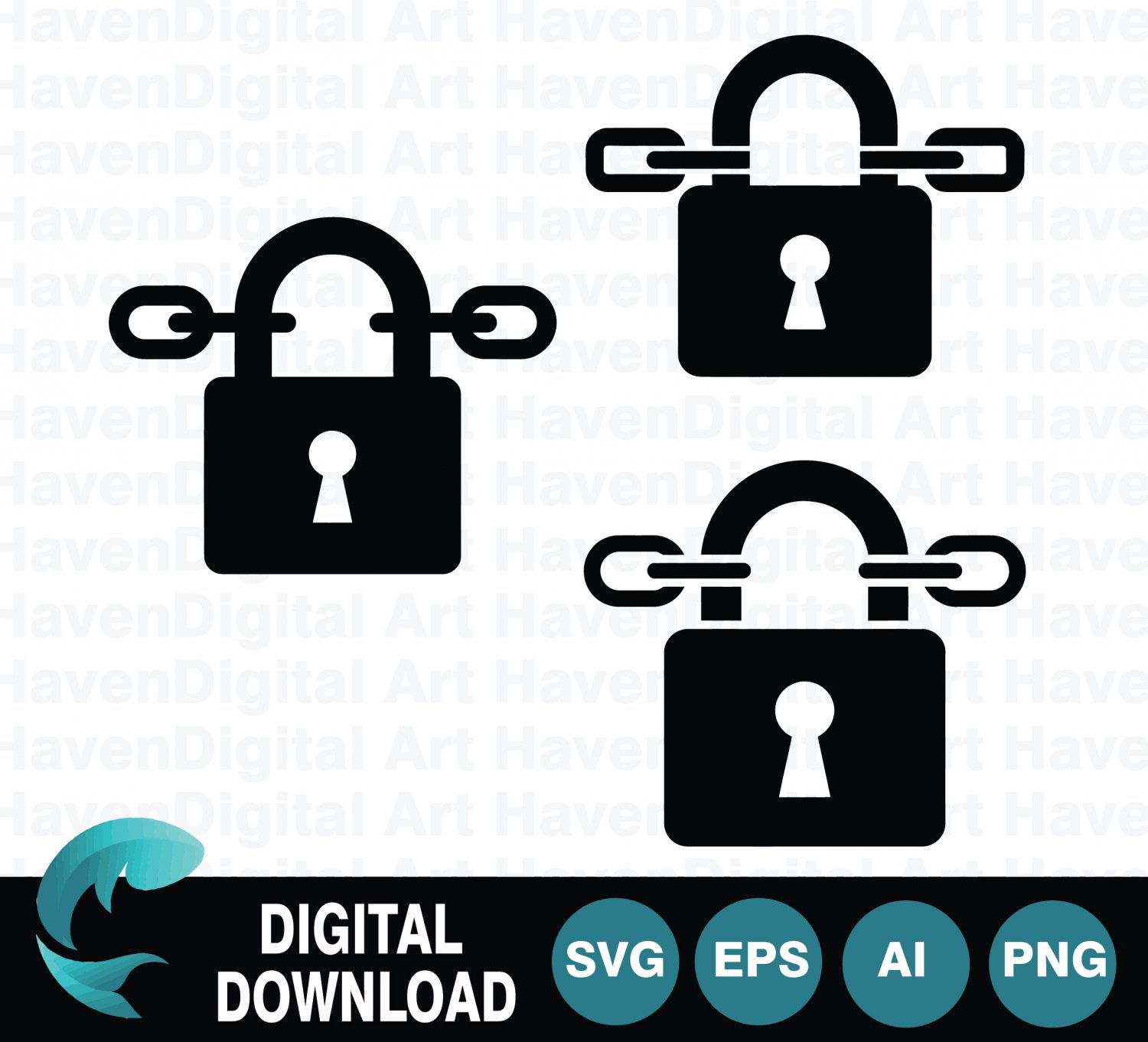 Black Padlock Silhouettes with Chains, Security Lock SVG Icons Collection