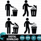Person Throwing Trash in Bin Silhouettes, Waste Management SVG Icons Collection
