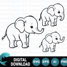 Cute Elephants SVG Line Art Drawing Vector Illustration