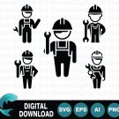 Construction Worker Silhouettes with Hard Hats and Tools SVG Vector Icon Set