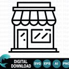 Small Shop Store Front with Striped Awning Vector Line Icon