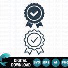 Two award badges with checkmarks quality certification symbols