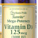 Puritan's Pride Premium Sunvite™ Mega-Potency Vitamin D3 5,000 IU, Dietary Supplement