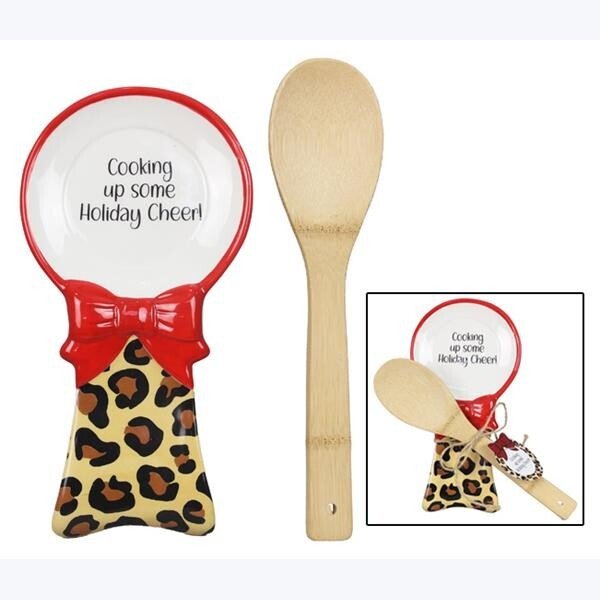 Christmas Holiday Leopard Ceramic Spoon Rest, Cooking Up Holiday Cheer