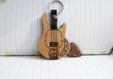 Bass Guitar Keychain with Pick on Magnet, Personalized Wooden Pick Holder