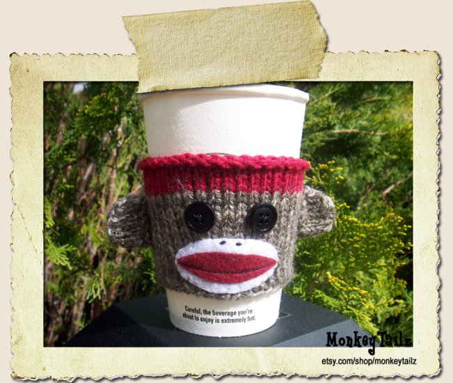 Boy Sock Monkey Coffee Cup Cozy / Sleeve / Beer Koozie