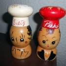 Vintage Antique Volco Salty and Peppy Wood Wooden Salt and Pepper Shakers 4”  132