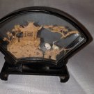 Asian Hand Carved Cork Scene Art Pagoda 2 Storks Black Lacquer Frame Oriental  136