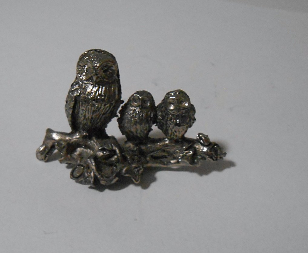 Miniature Three Pewter Owls Sitting on a Branch Figurine   183